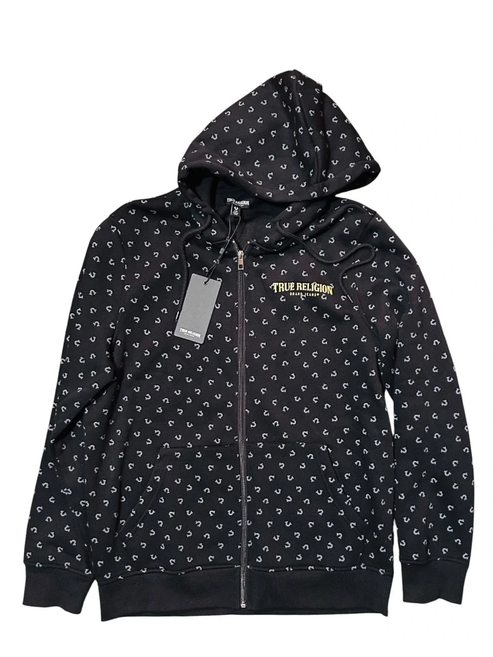 True Religion Black Zip-Up Hoodie Silver Logo Print